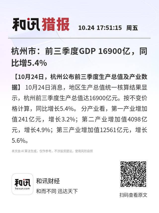 杭州市:前三季度GDP 16900亿,同比增5.4%