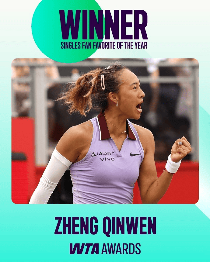 蝉联人气女王!郑钦文再次当选WTA最受欢迎单打球员